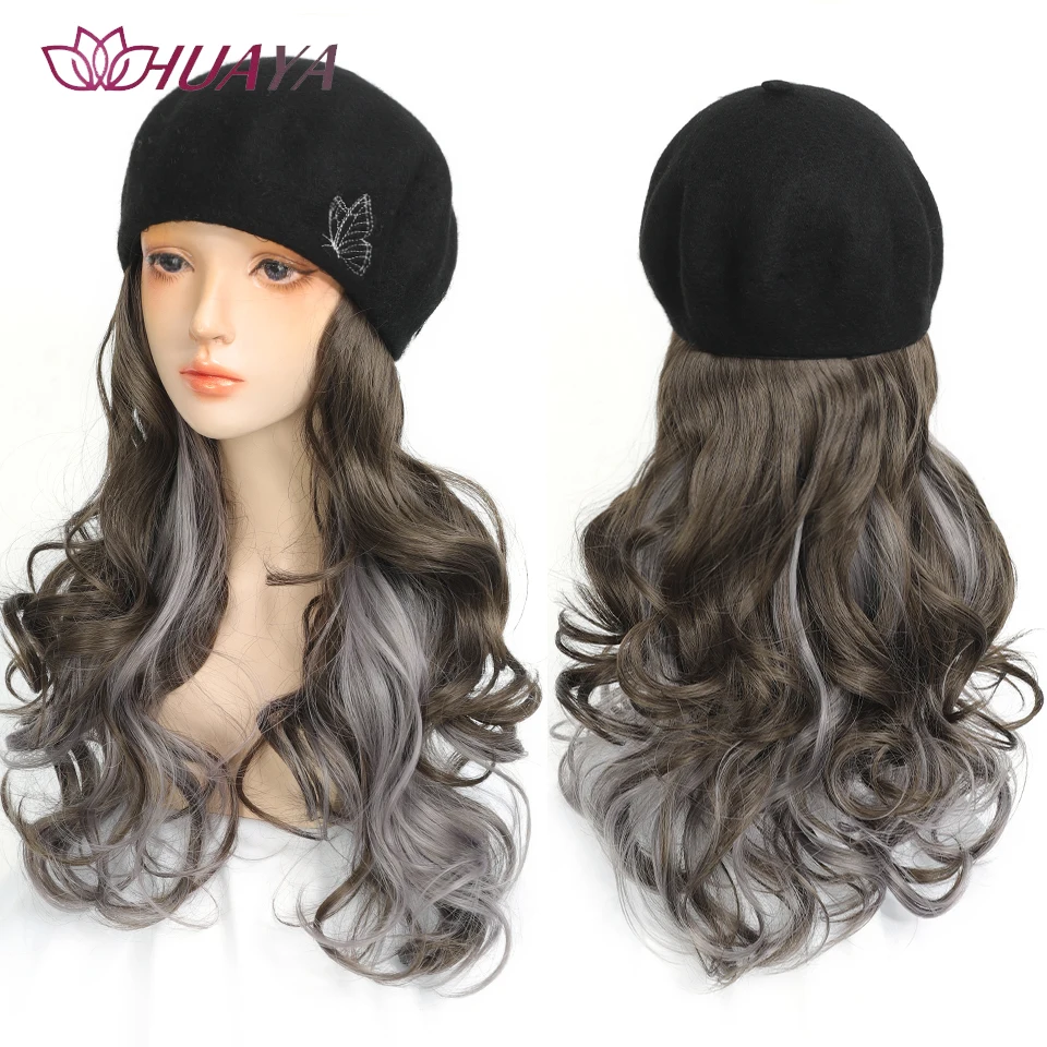 Hat Wig One Autumn And Winter Fashion Beret Long Wavy Mixed Hair Heat-resistant Synthetic Chemical Fiber Wigs for Women Cap Hair