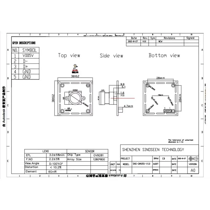 OV9281/OV9282 monochrome/color sensor 1280 x 800 pixels 60fps Global shutter MIPI/USB  UAV Camera Module transfer rate 480 Mbps