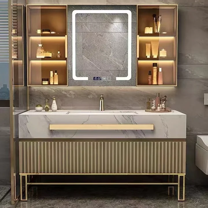 ## Manufacturer Luxury Design Solid Wood Floor Mounted Bathroom Cabinet With Golden Color Handle And LED Mirror Bathroom Vanity#