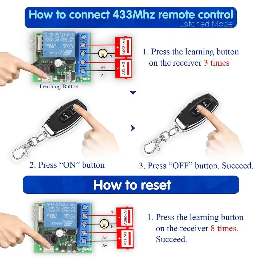 Wireless 433 Mhz RF Gate Remote Control Switch DC 12V 10A 220v Module ON OFF Transmitter Radio Relay Universal Garage LED Door