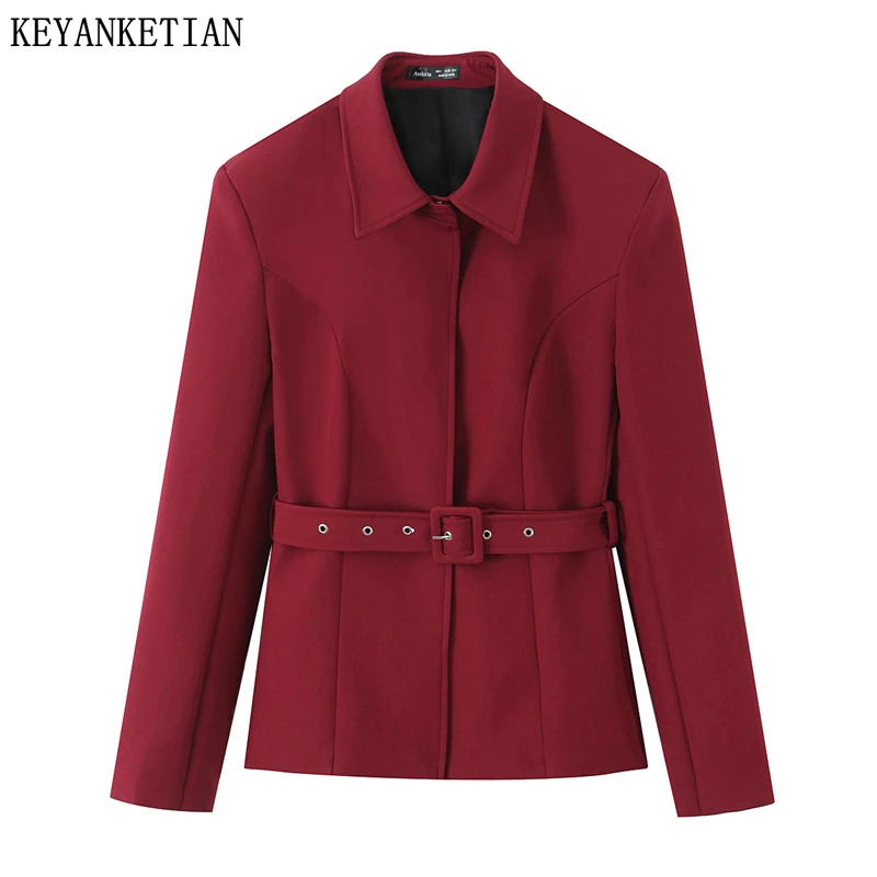 

KEYANKETIAN 2026 Spring New Women's With Belt Decoration Suit Coat Office Lady Covered Button Slim Dark Red Blazer Outerwear Top
