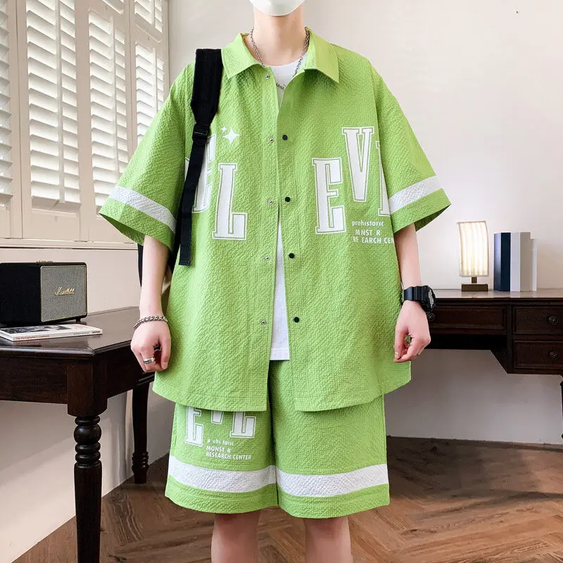 

Весна/Лето 2022, новая мужская рубашка высокого качества с коротким рукавом, свободный топ + шорты, модный повседневный комплект