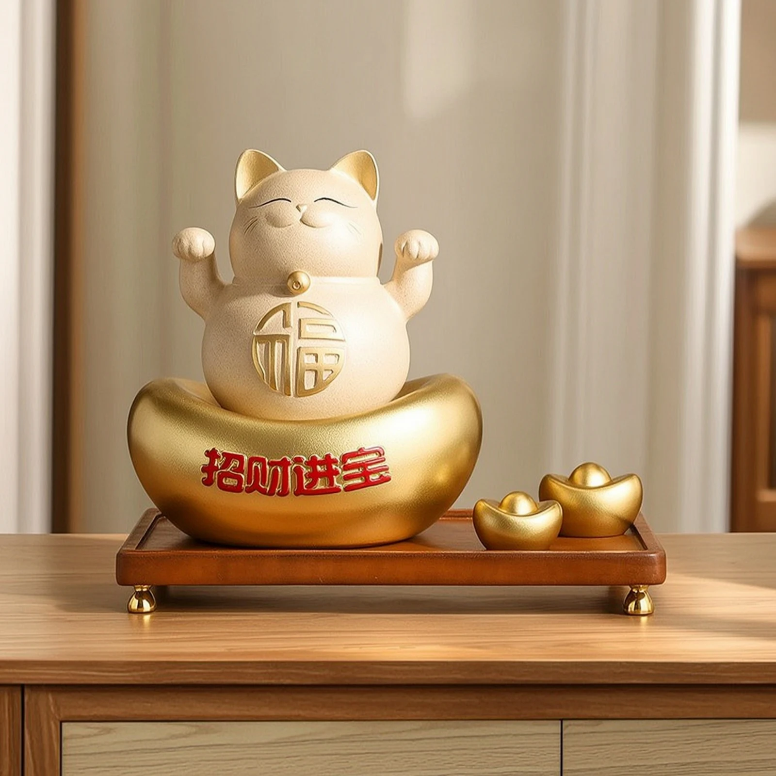 Fortunate Cat Figurine Wood-Look Cat Statue with Display Base Maneki Neko Fortune Cute for Business Owners, Store Opening