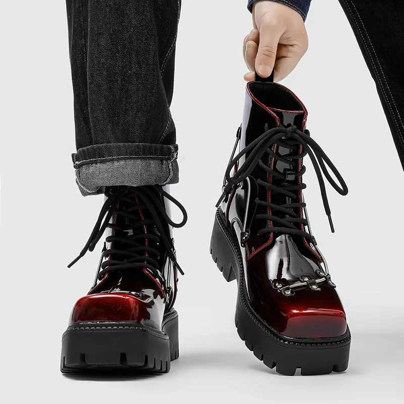 

men's fashion stage nightclub patent leather boots designer square toe shoes cowboy platform boot spring autumn ankle botas male