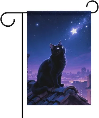 Starry Night Cat Black Garden Flag Double Sided Banner Home Yard House, 12x18