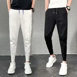 Korean Fashion Slim Fit Casual Pants Men Leggings New Summer High Waist Drawstring Pocket Solid Color Black Trouser Male Clothes