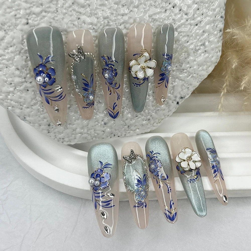 10 Pieces Ice Blue Cat Eye Delicate Flowers Handmade Press On Nails Gradient Pearl Celadon Fake Nails Removable Reusable