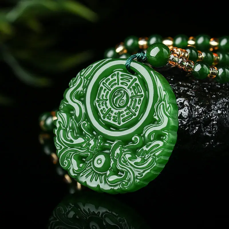 Spinach Green Dragon and Phoenix Gossip Pendant Avalokitesvara Buddha Dragon Pendant Necklace for Men and Women Couple