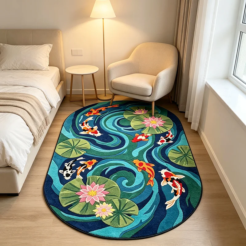 Stylish Creative Koi Fish Lotus Oval Living Room Rug Luxury Bedroom Bedside Plush Floor Mat Soft Fluffy Carpet Home Decoration