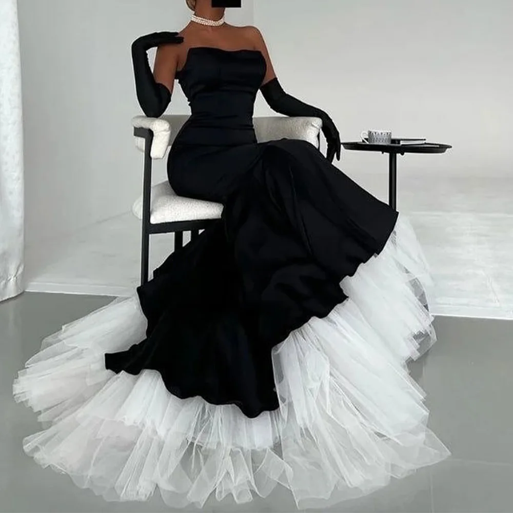 Mermaid Strapless Detachable Sleeves Satin Long Sleeves Black Modern and Elegant Evening Gowns Organza Pleats Saudi Arabia 2024