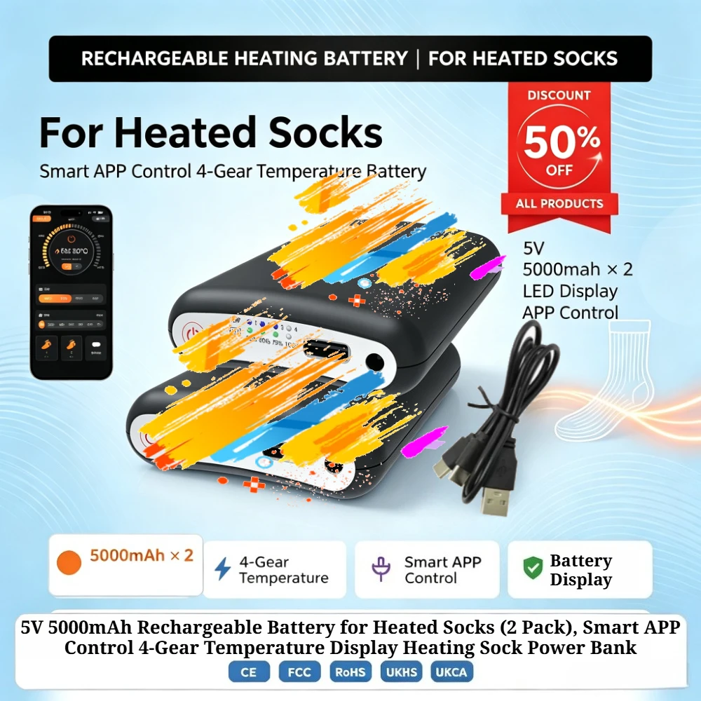 5V 5000mAh Rechargeable Battery for Heated Socks (2 Pack), Smart APP Control 4-Gear Temperature Display Heating Sock Power Bank