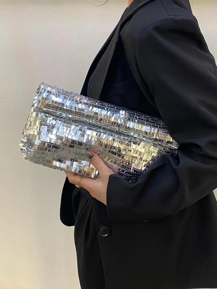 Women Silver Evening Clutch Bag Luxury Designer Shining Sequins Party Wedding Purse Fashion Trends Handbag Black Metal Wallet