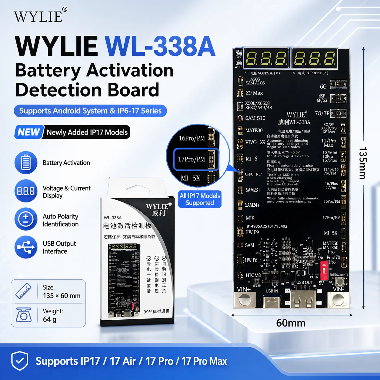 WYLIE WL-338A Battery Activation Board 5V 9V Voltage Current Tester for iPhone Android Phone Repair Tool