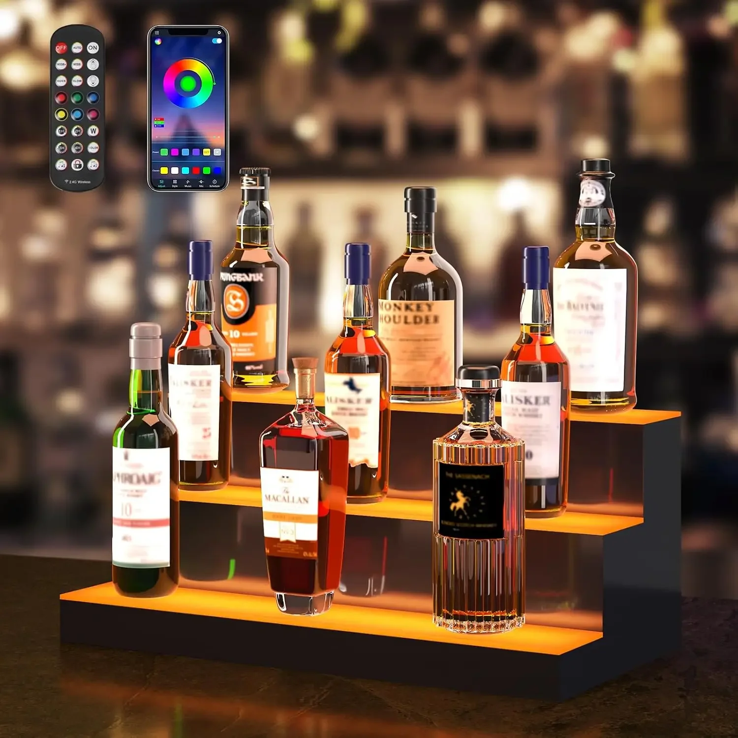 LED Lighted Liquor Bottle Display, Illuminated Home Bar Shelf with RF Remote & App Control 7 Static Colors 1-4 H Timing