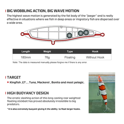 Imagen 2 del producto Noeby-señuelo de pesca Stickbait de buceo, 180mm, 76g, Wobbler flotante, cebos duros artificiales para GT, atún, Kingfish, señuelo de pesca de agua aplana