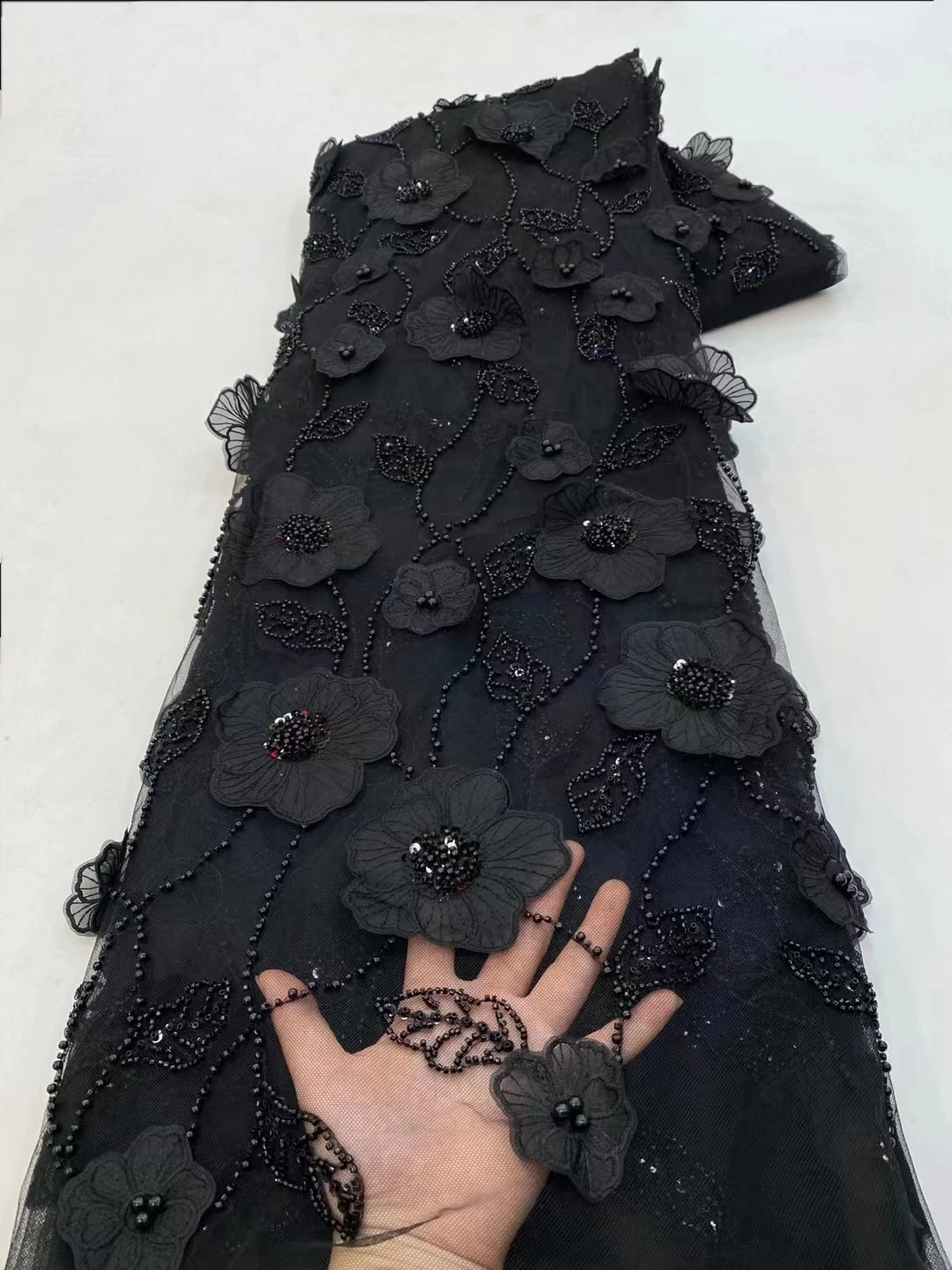 

Fashion Black 3D HandMade Beaded French Lace Fabric 2023 African Nigerian Sequins Tulle Lace Fabric For Party Clothing PXX23148