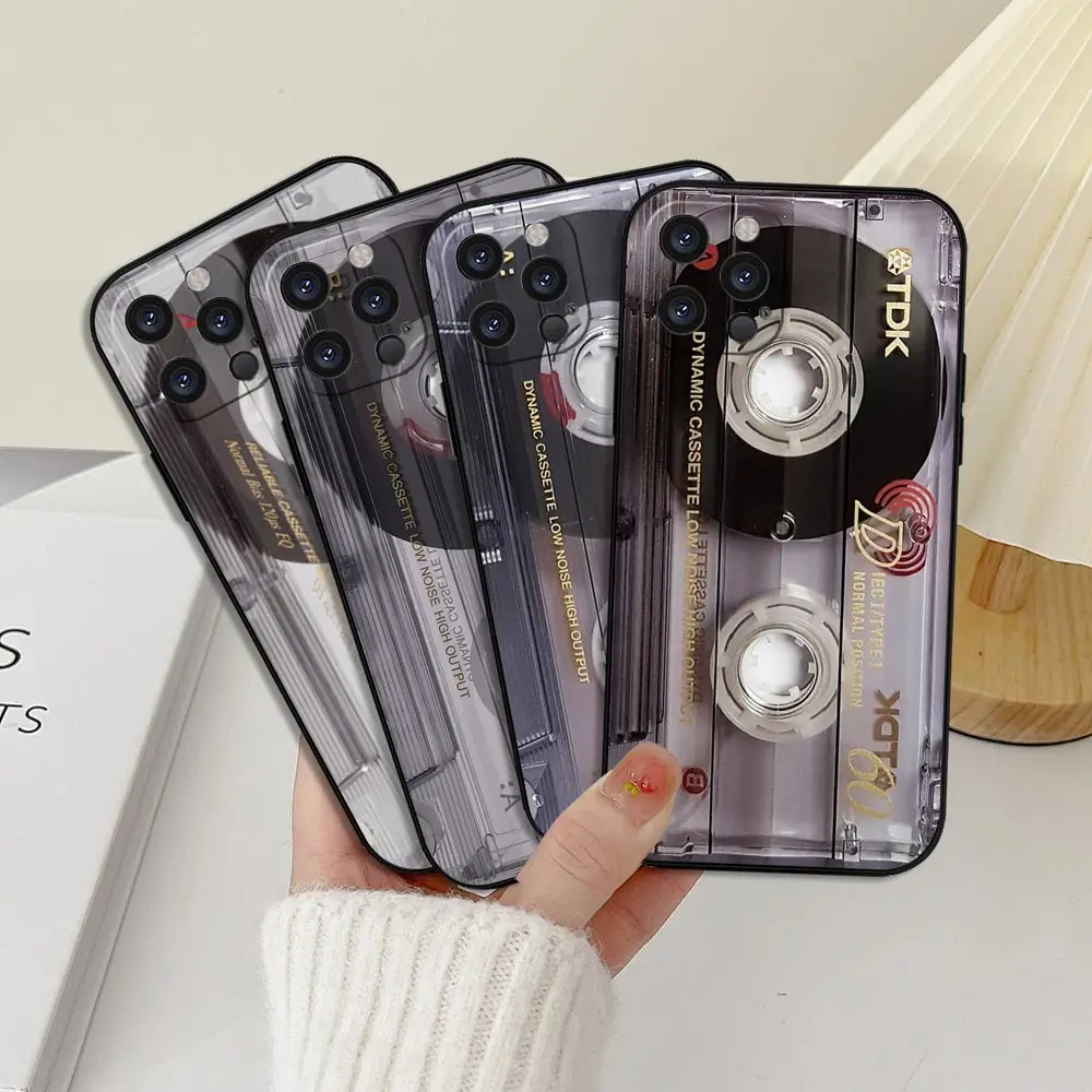 Retro Magnetic Radio Tape Cassette Case For iPhone 16 15 14 13 12 11 Pro Max Plus Mini Funda For iPhone 15 16 ProMax Black Cover