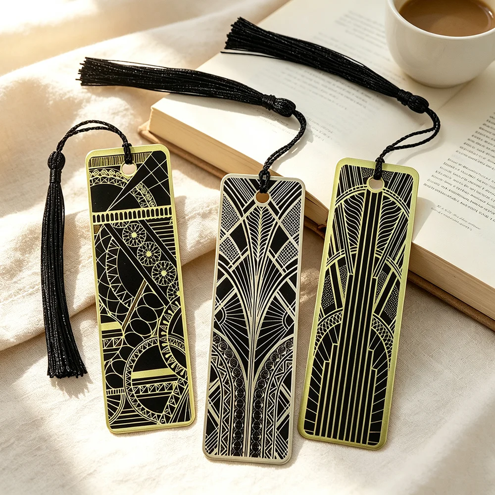 Vintage Art Deco Acrylic Bookmark with Tassel, Geometric Black Gold Page Marker, Luxury Reading Gift for Women Book Lovers