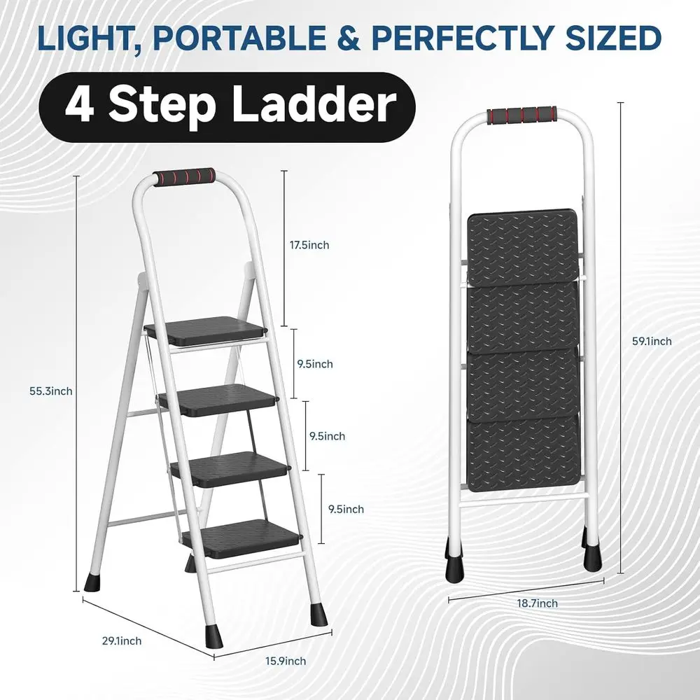 Échelle pliante avec marches antidérapantes, pieds en caoutchouc, main courante, verrouillage sécurisé, portable, capacité 800 lb, blanc
