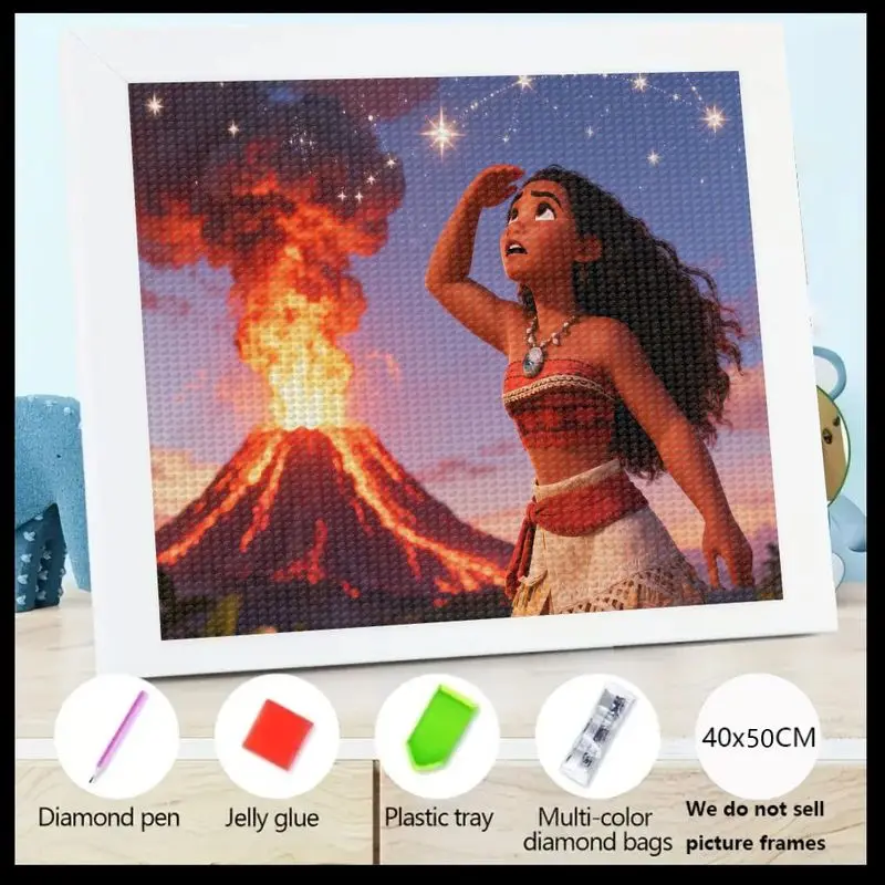 

1 шт. 5D DIY Moana Adventure Diamond Painting Kit, Full Drill Cartoon Princess Art, вулкан и звездное небо, большой драгоценный камень, кристальная живопись