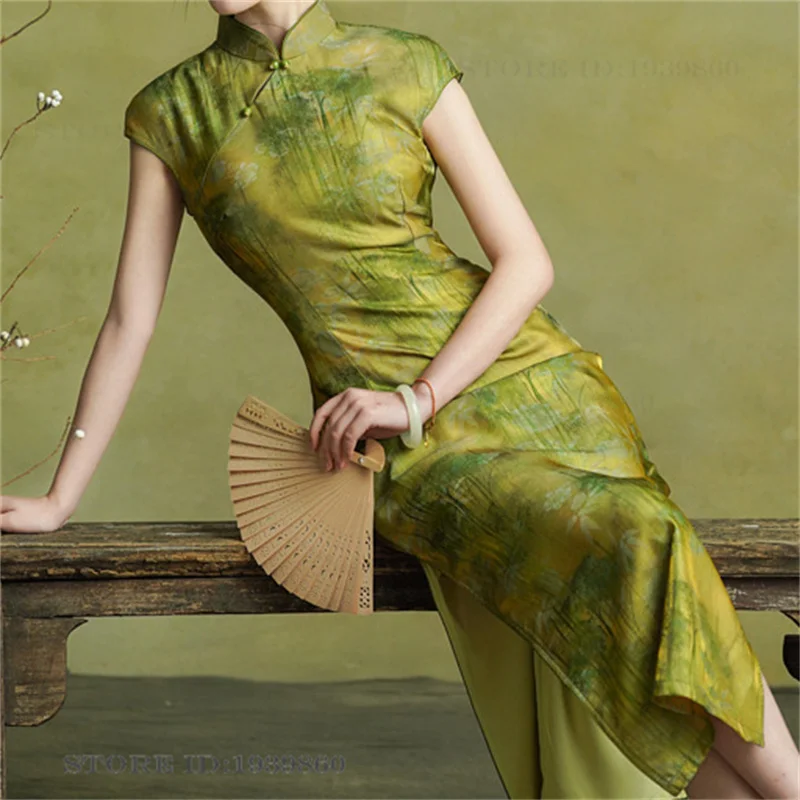 Chinesischer Stil Damen Qipao Chinesisches Kleid Vintage Mandarin-Kragen Bedrucktes Cheongsam Elegantes Sexy Langes Kleid Performance-Kostüm
