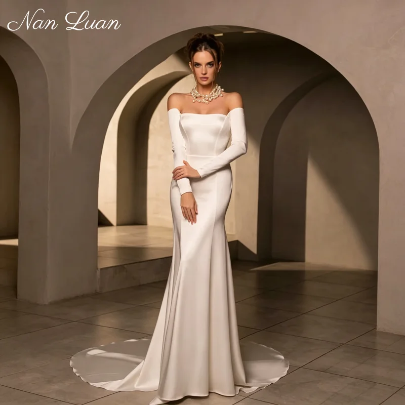 Classic Church Wedding Dress Long Sleeve Off Shoulder Satin Big Train Bridal Gown Vestidos de Novia Customized