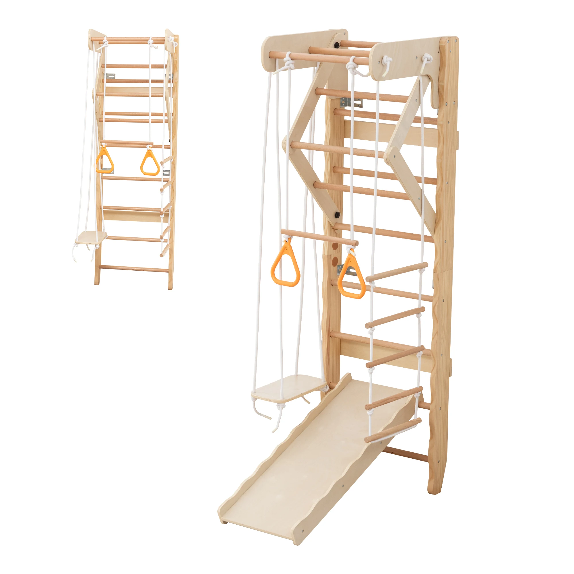

Wall-Mounted 6-in-1 Kids Indoor Playground, Natural Wood Swedish Ladder with Swing, Pull-Up Bar & Slide, Heavy Duty, Space-Saving Design