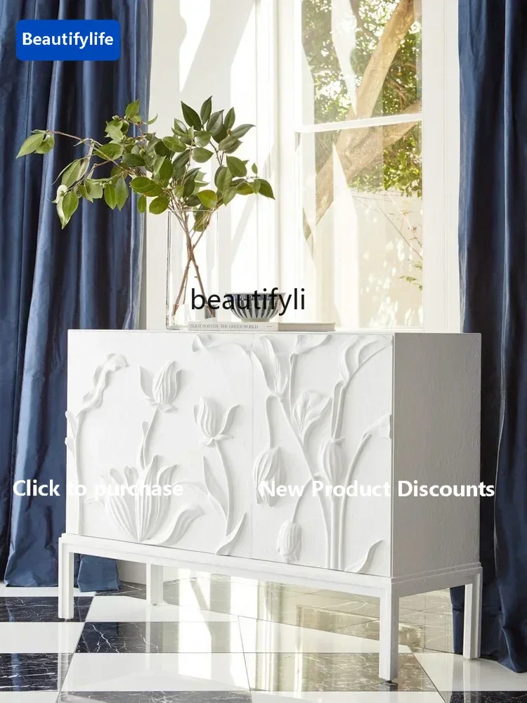 

6239P lt Solid wood carving flower entrance cabinet, living room white decorative side cabinet, American simple dining side cabi