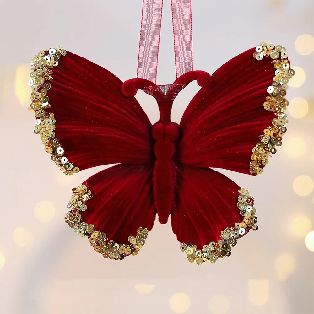 

Wine Red Plush Christmas Tree Pendant Glitter Bow Flocking Snowflake Elk Hanging Ornaments Ice Bar Gold Sequin Xmas Tree Pendant