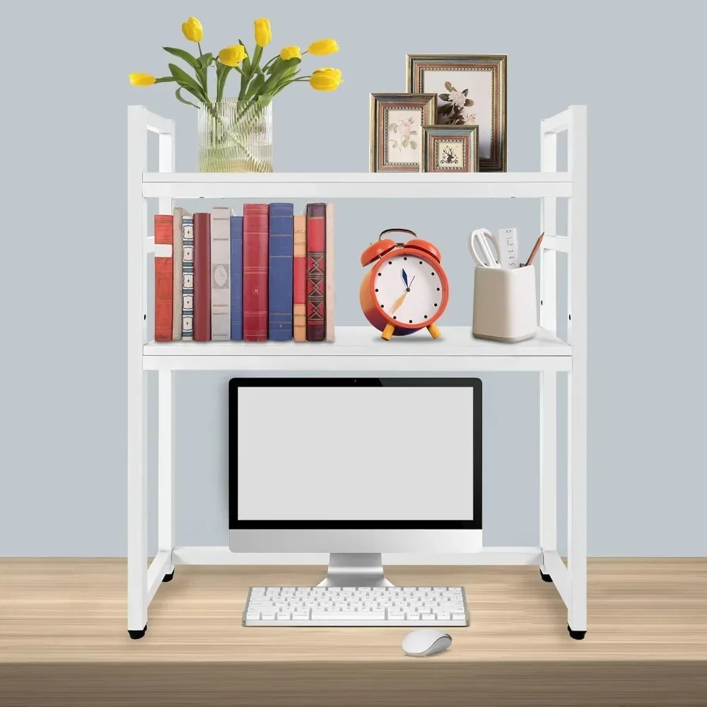 Computer Desktop Bookcase 2-Tier Multipurpose Countertop Hutch Display Shelf Modern Book Holder in Bedroom Living Room Office