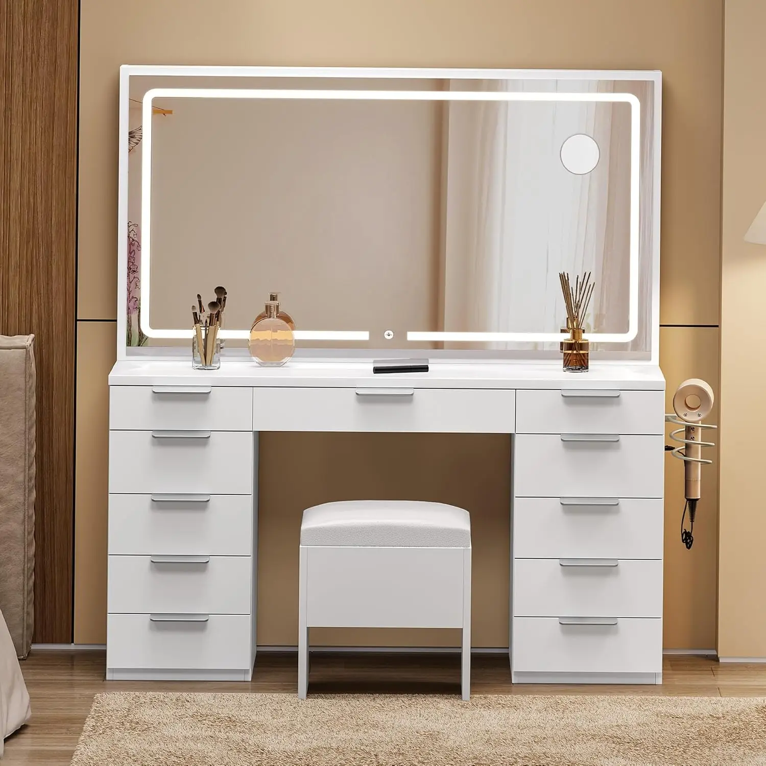 

Makeup Vanity with Mirror, Lights & Power Outlet, 46' Dressing Table with 11 Drawers, Storage Stool, Magnifying Glass, White