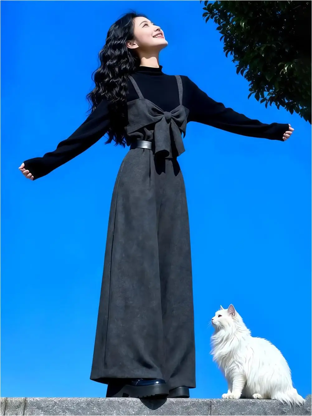 

Elegant Lazy Style Women's Spring Fashion Set Wide Leg Overalls Top Bottoms Two-Piece Suit Comfortable Breathable Polyester