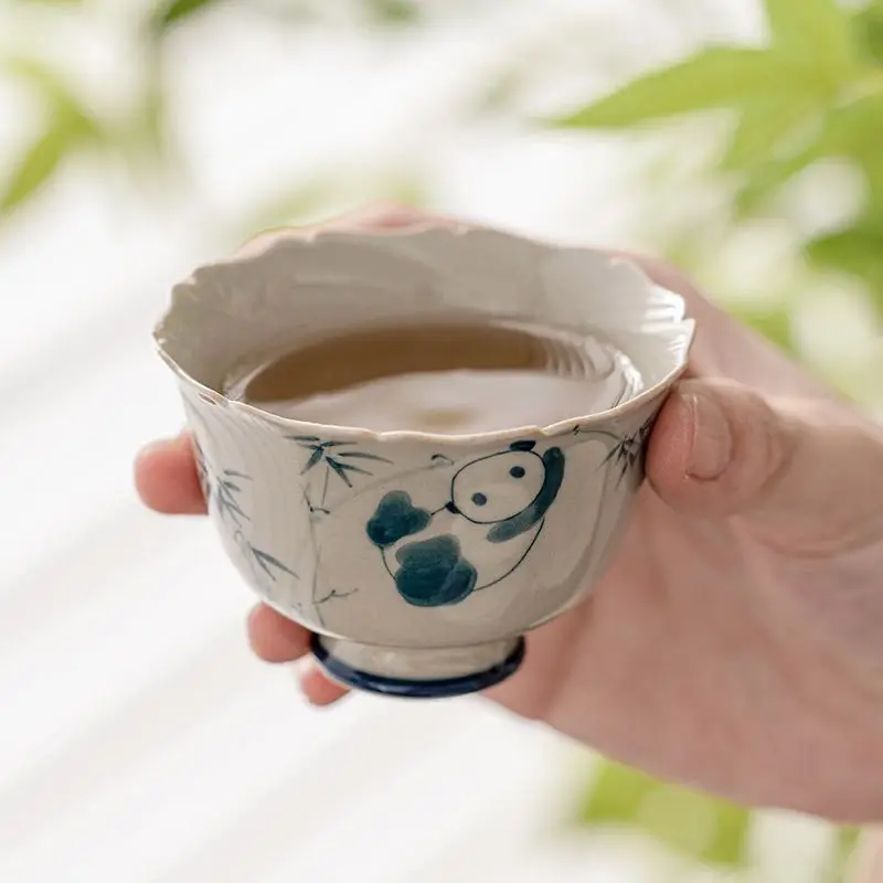 

Grass And Ash Hand-Painted Panda Playing Bamboo Tea Cup, Household Ceramic Kung Fu Tea Set, High Footed Cup