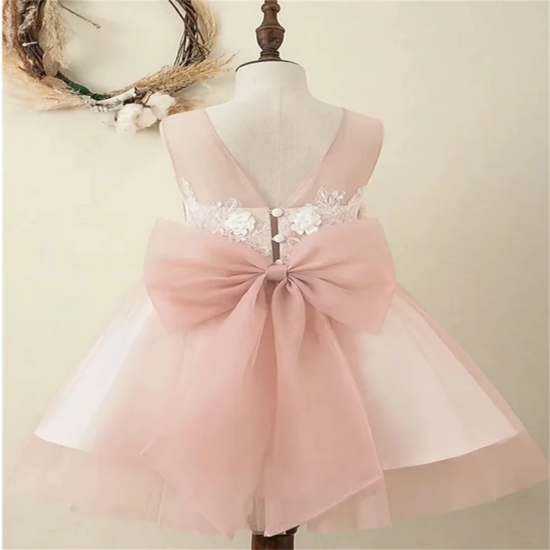 Communion Gown Pink Angel Flower Girl Dresses Tulle Appliques Sleeveless For Wedding Kids Birthday Party Banuqet Gift