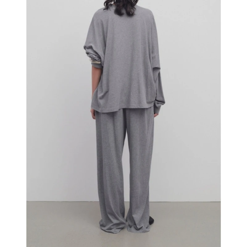 2025 Spring/Summer New Women's Extremely Simple Style Grey Loose Long Sleeve T-shirt Casual Drawstring Pants Set