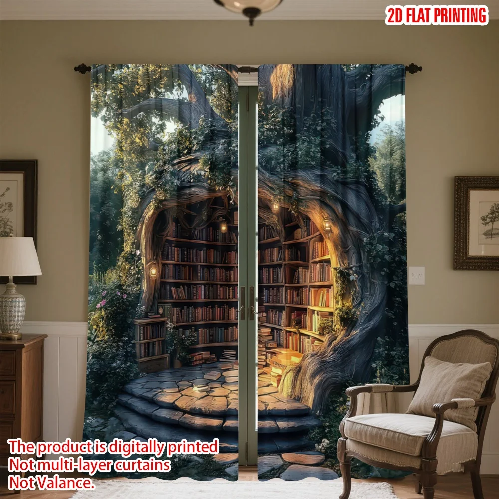 2D flat printing 2pcs Curtain Tree Library Sanctuary Digital Printed Polyester Drapes Festive Holiday Perfect for Photo Booths &