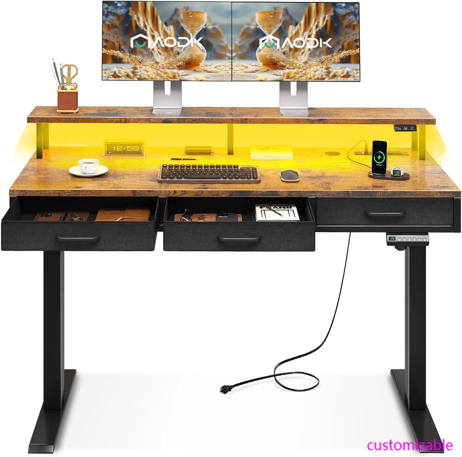 Höhenverstellbarer 55-Zoll-Gaming-Schreibtisch mit Steckdosen und LED-Leuchten, Sitz-Stand-Tisch mit Monitorständer