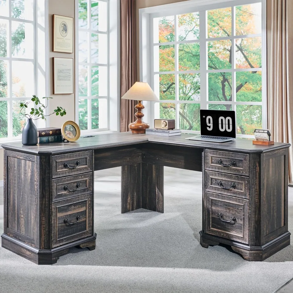 

"L-Shaped 59 Inch Executive Desk in Farmhouse Style with Drawers, Charging Station, File and Storage Cabinets"