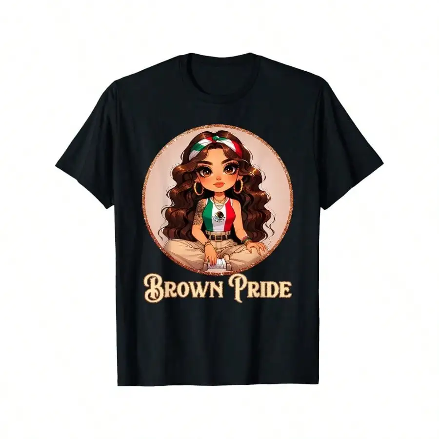 تي شيرت Brown Pride Chicana Chola Chibi Girl Hispanic Heritage Month تي شيرت 100% قطن برقبة دائرية قابل للغسل في الغسالة 180 جرام #1