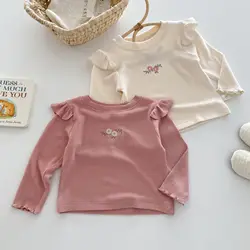 2026 Spring Flare Sleeve Infant Kids Undershirt 0-5T Girls Embroidered Flowers Bottoming Shirt Children Baby Simplicity Blouse