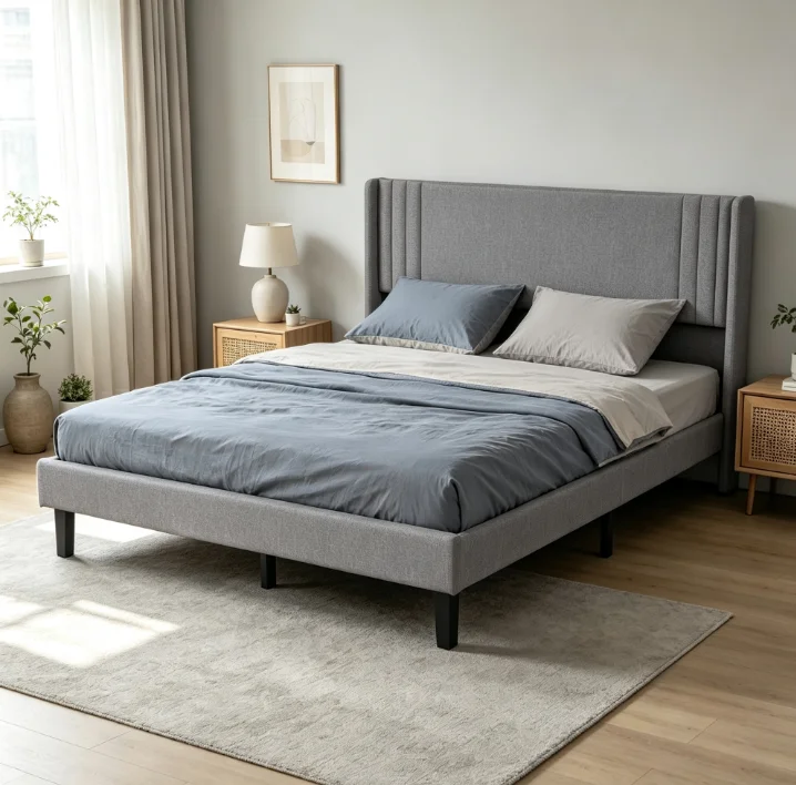 Letto imbottito Rosahqnda 90/140/160×200 cm con testiera imbottita, struttura del letto in lino con base a doghe, beige/grigio, senza materasso
