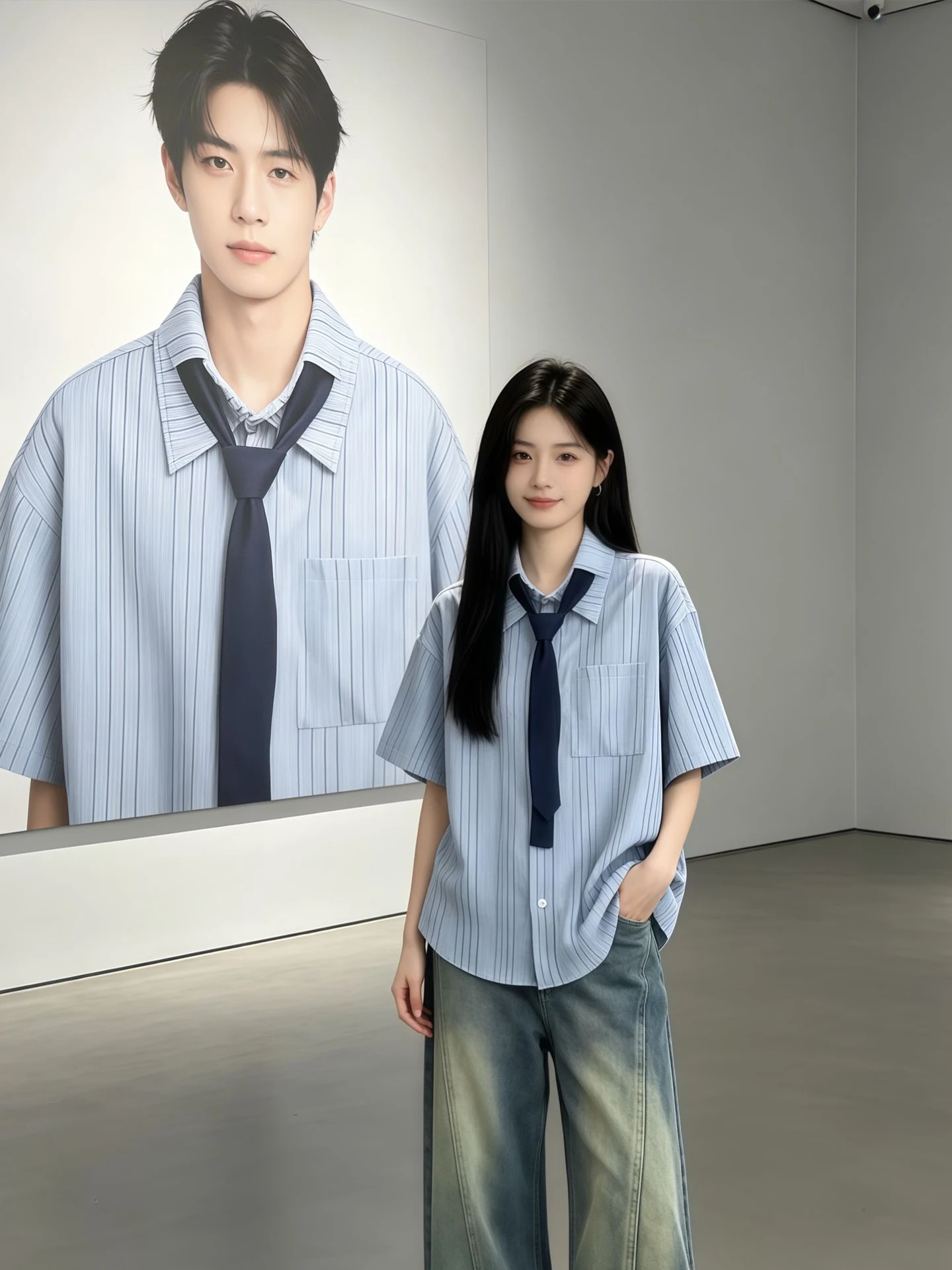 

Blue Striped Tie Men's Short Sleeve Shirt Summer Youth College Style Shoulder Half Sleeve Shirt Loose Fit Korean Style Shirt