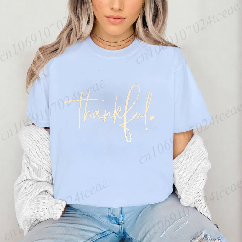 Women T-Shirts Summer Short Sleeve Tee Shirts Clothes Round Neck Clothing Thankful Printed T-Shirts Gift for Thanksgiving