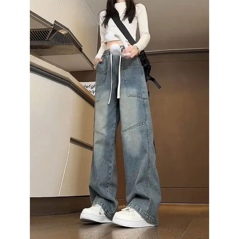 

Американские джинсы-клеш унисекс с эластичным поясом, свободные, широкие, слегка расклешенные, рабочие брюки, молодежные, модные, из хлопка и полиэстера