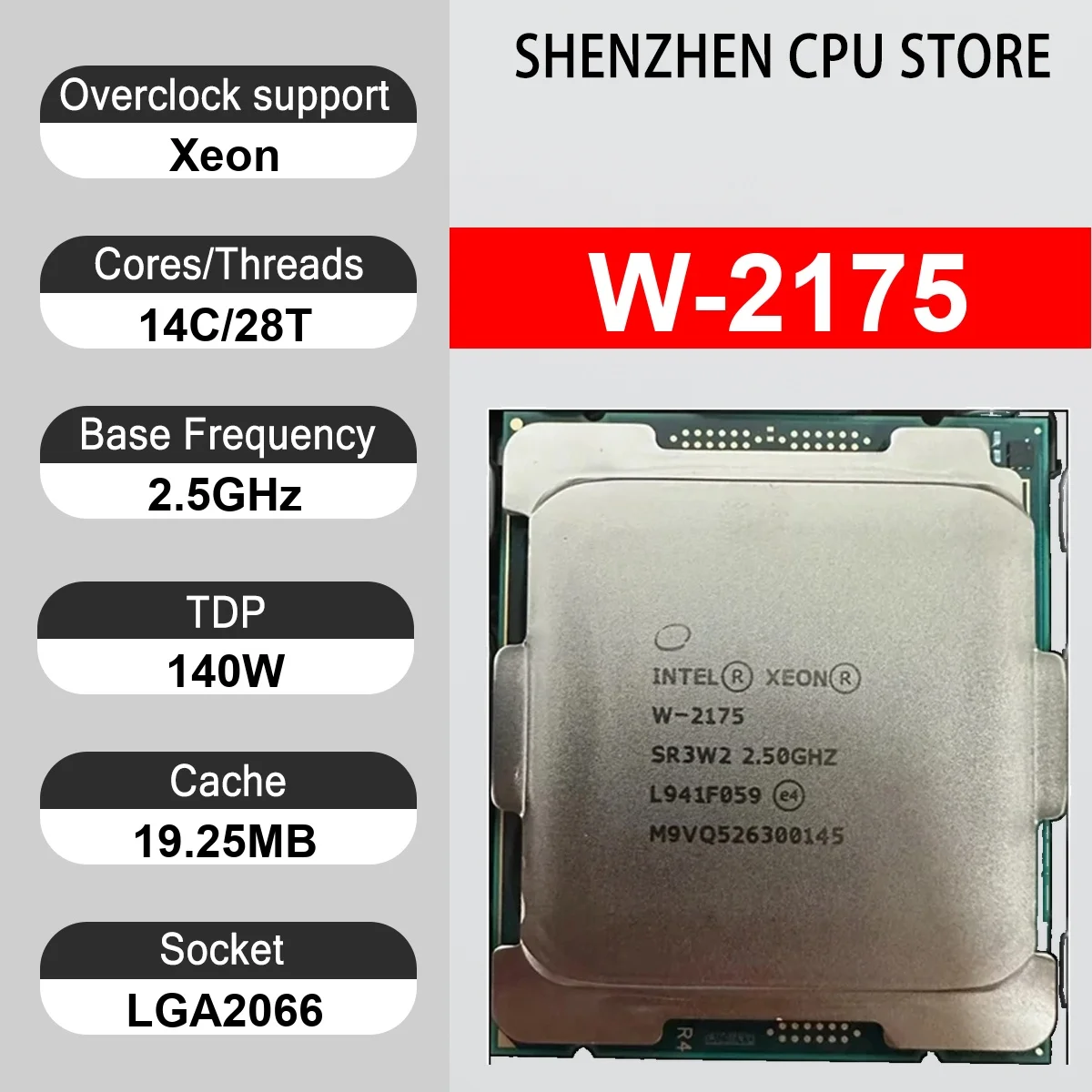 Intel Xeon W-2175 14 Core 28 Thread 2.5GHz 140W 19.25MB Cache 14nm LGA 2066 SR3W2 DDR4 1600/1866/2133/2400/2666 MHz Skylake-W