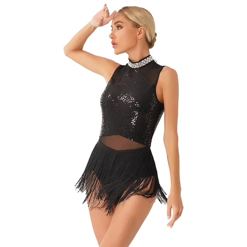 Imagen 2 del producto Mono ajustado de Ballet con borlas para mujer, vestido de baile con lentejuelas y diamantes de imitación brillantes, traje de actuación de Tango latino Rumba Cha-Cha Samba