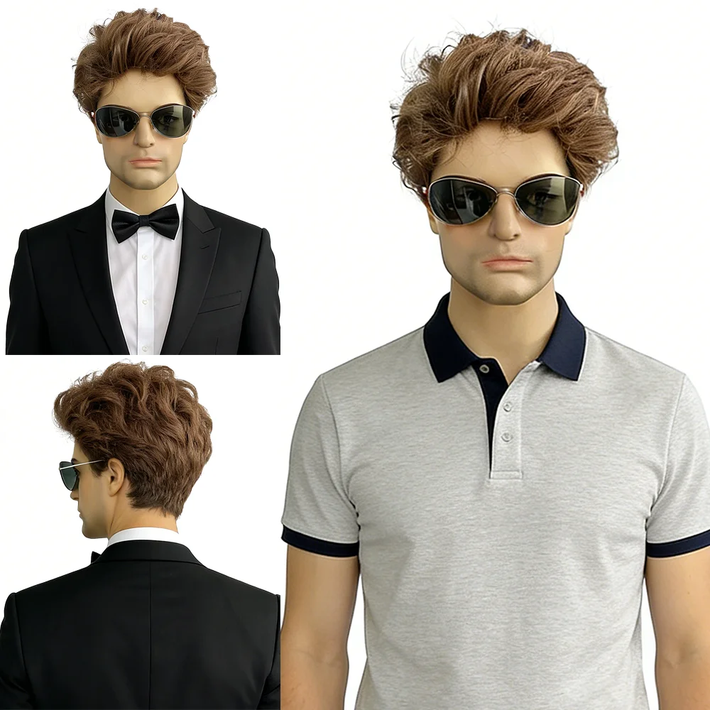 Light Golden Brown Short Wavy Wig For Men Fluffy Layered Curly Hair Synthetic Heat Resistant Wig Daily Cosplay Costume Party