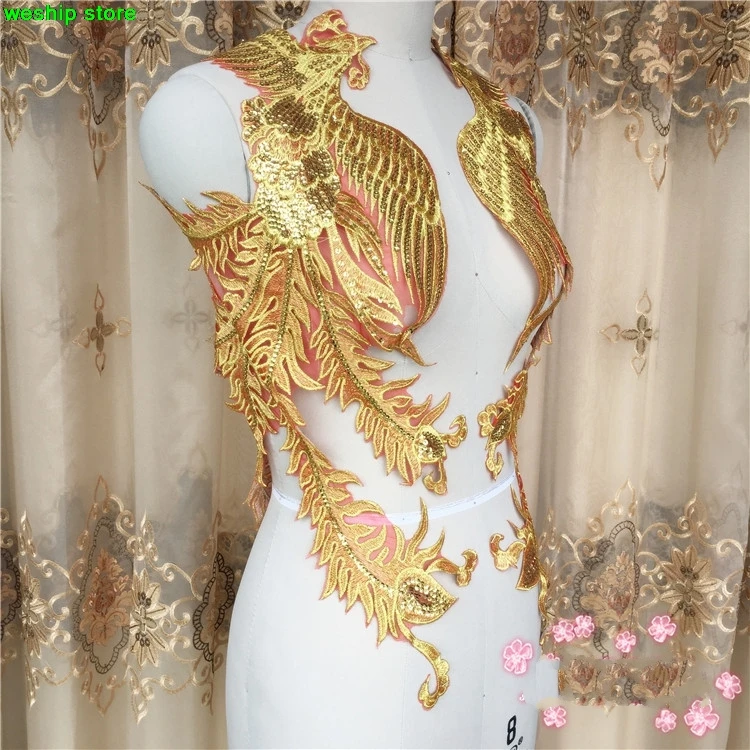 High-quality Super gorgeous Lace embroidery patches Golden sequins Red Eugen yarn Phoenix Applique for DIY dress Wedding dress 2