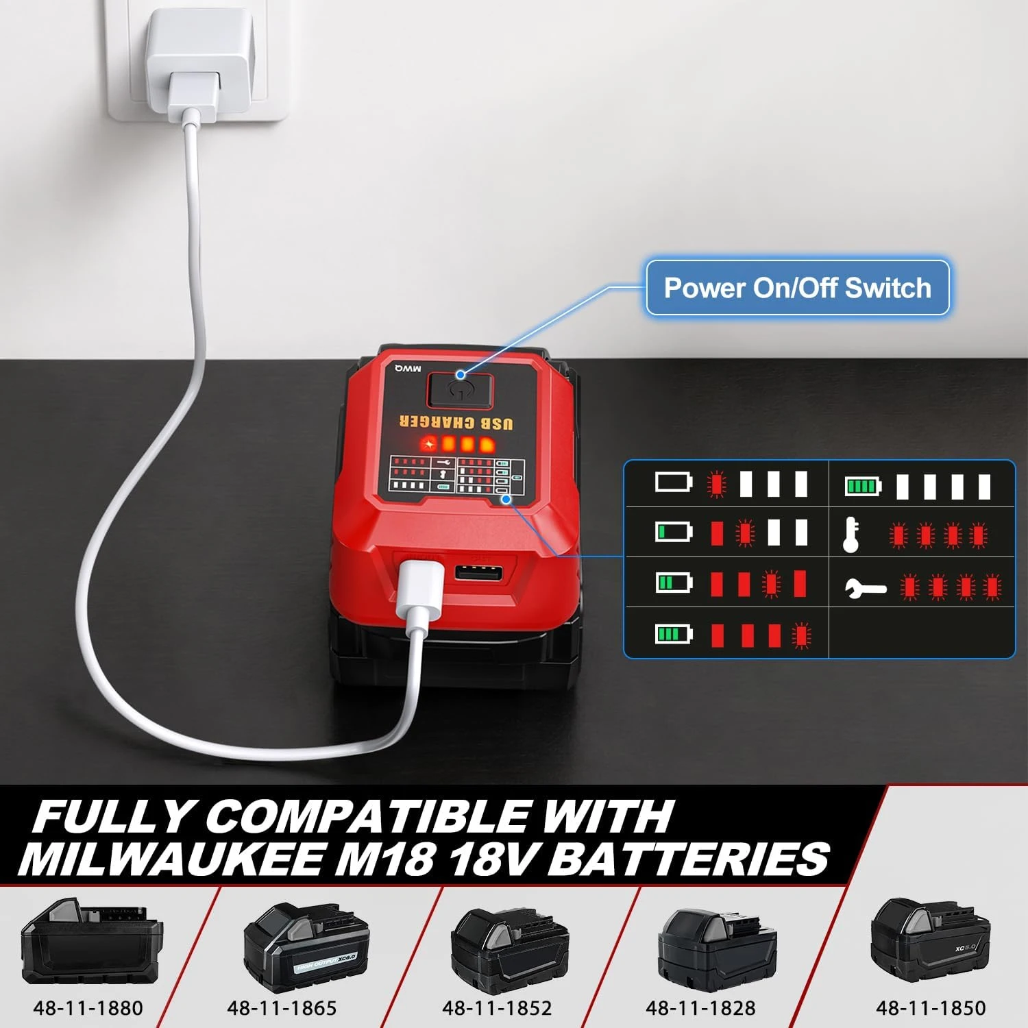 100W USB-C-Ladegerät kompatibel mit Milwaukee 18V-Akku, Netzadapter mit USB-A-Anschluss, Ladehub für Handys & Tablets – Detail 4