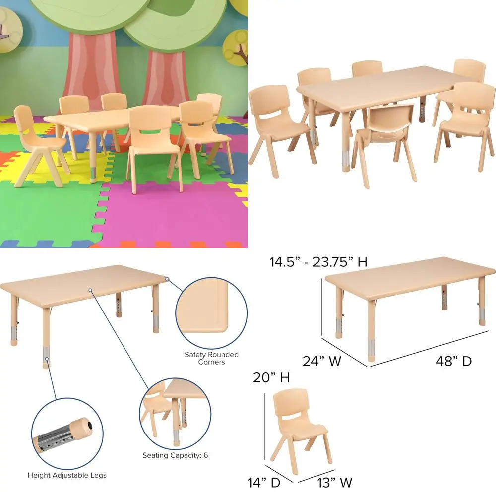 طاولة أنشطة مستطيلة قابلة للتعديل من البلاستيك الطبيعي بعرض 24 عامًا من إيما وأوليفر مع 6 كراسي #1